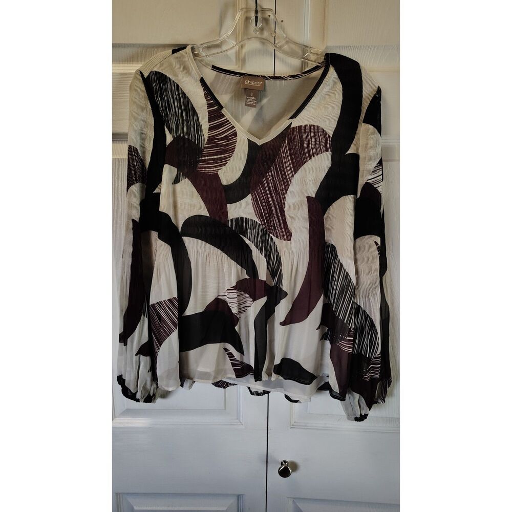 Chico's Abstract Geometric Printed Long Sleeve V-Neck Blouse Size 1